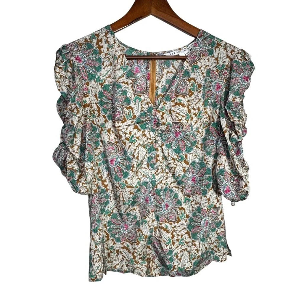 VERONICA BEARD Henrieta Ruched Paisley-print Stretch Silk Blouse Size 6 - Picture 4 of 14
